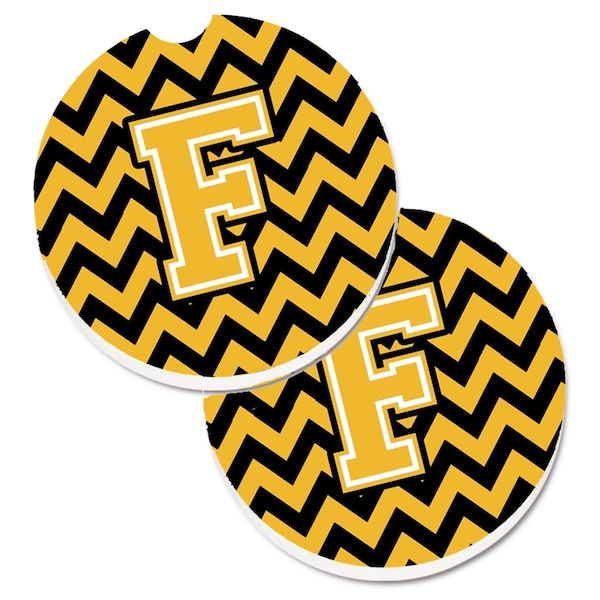Carolines Treasures Letter F Chevron Black and Gold Cup Holder Car Coaster, PK2 CJ1053-FCARC - main